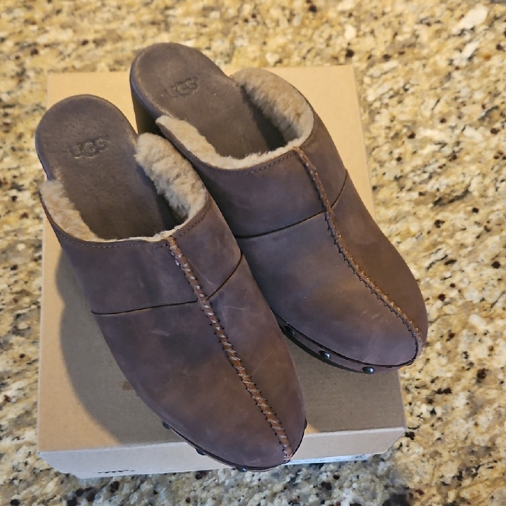 UGG Brown Shearling-Lined Clog Mules